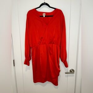 Worthington Vibrant Red Satin Long Sleeve Wrap Dress with Rouching